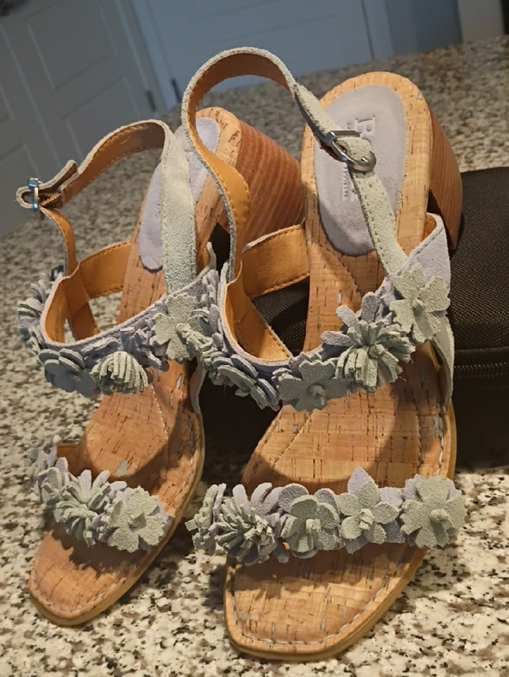 Women's Born Sandals Size 9 Floral Suede Cork Block Heel Sandals - Light Blue